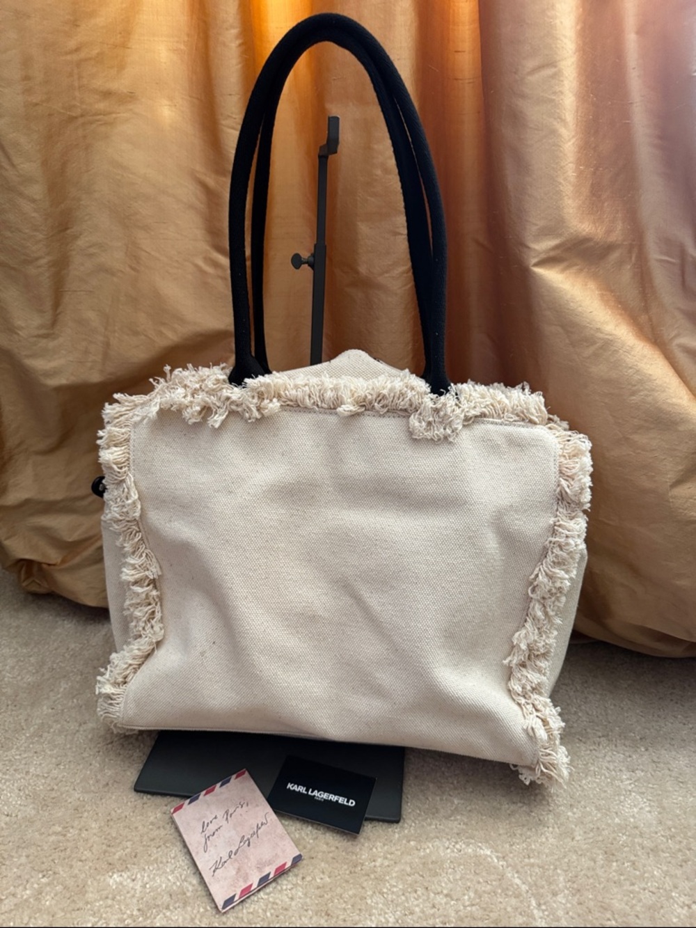 Karl Lagerfeld Canvas 'Bonjour' Fringe Tote in Cream and Black - Picture 2 of 10